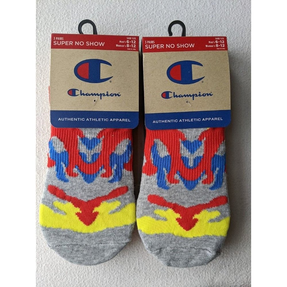 6 Pair Champion Super No Show Socks Women's Size 8-12‎ Men's 6-12 Gray Red NEW
